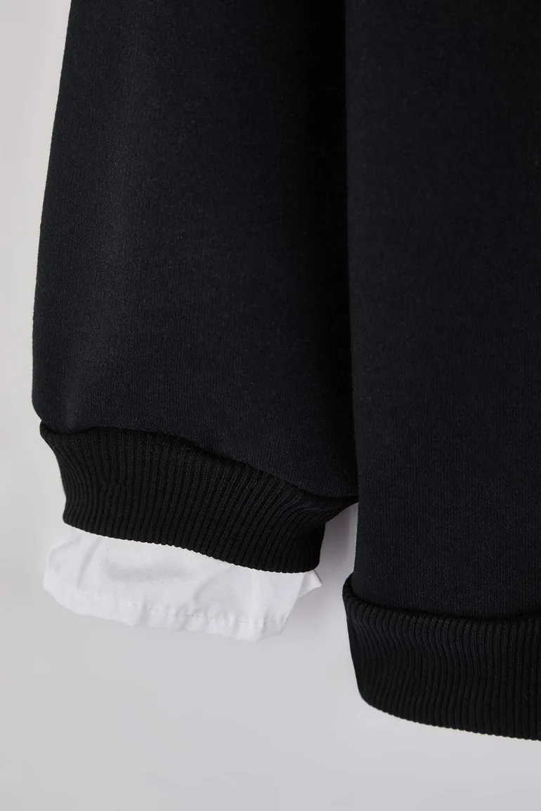 Black collar shirt detailed plus size sweatshirt with fleece inside - 3