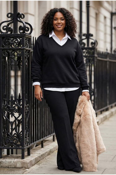 Black collar shirt detailed plus size sweatshirt with fleece inside