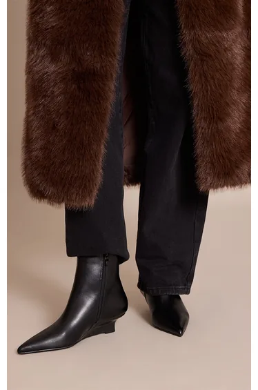 Black PU Kitten Wedge Ankle Boots