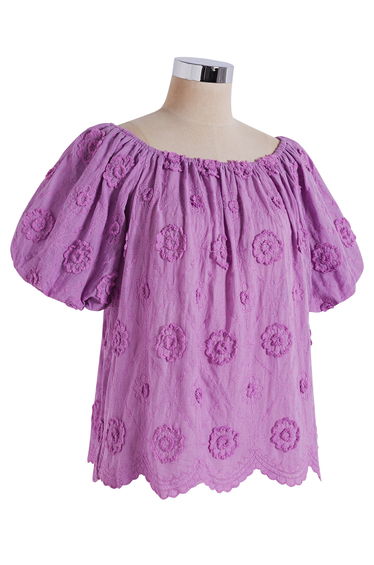3D Fringed Floral Puff Sleeve Cotton Top in Purple