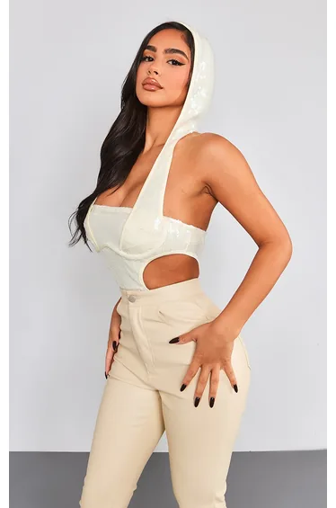 Petite White Sequin Cut Out Bodysuit With Hood