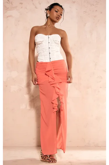 تنورة ماكسي شيفون بكشكش أمامي لون برتقالي