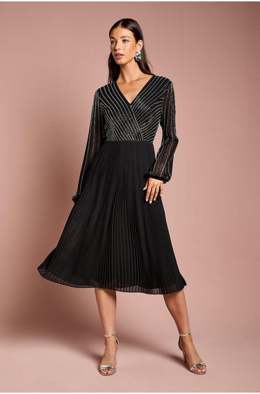 Embellished Wrap Bodice Midi Dress With Pleated Skirt