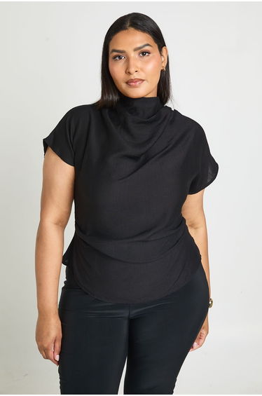 Plus Textured High Neck Ruched Side Short Sleeve Top - black