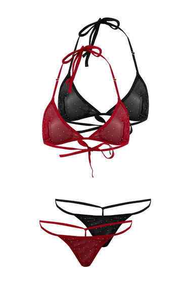 Black-Red 2-Piece Tulle Stone Uncovered Lingerie Set