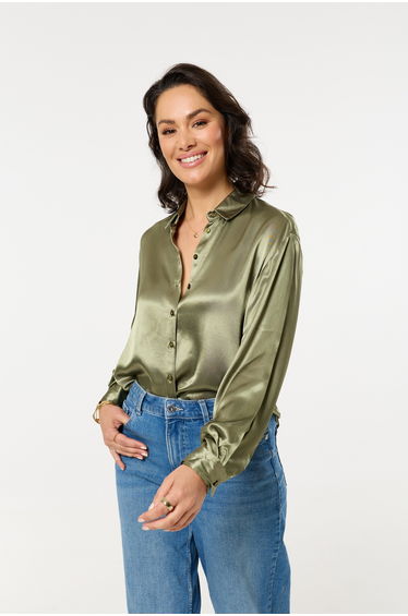 Khaki Satin Long Sleeve Button-Up Shirt