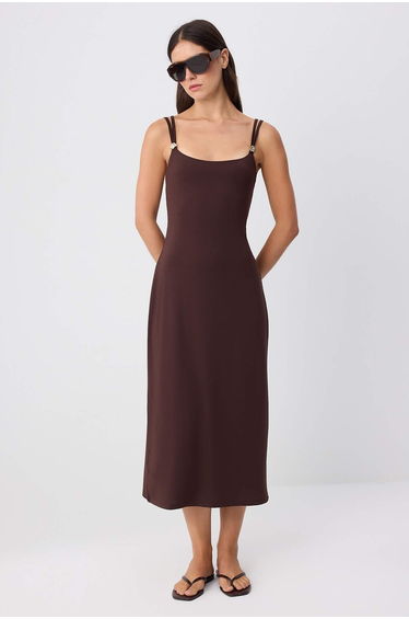 Brown Plain Bodycon Pool Collar Thin Strap Sleeveless Midi Stretchy Lined Knitted Dress