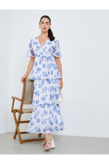 Women White Floral Print Tiered Maxi Dress