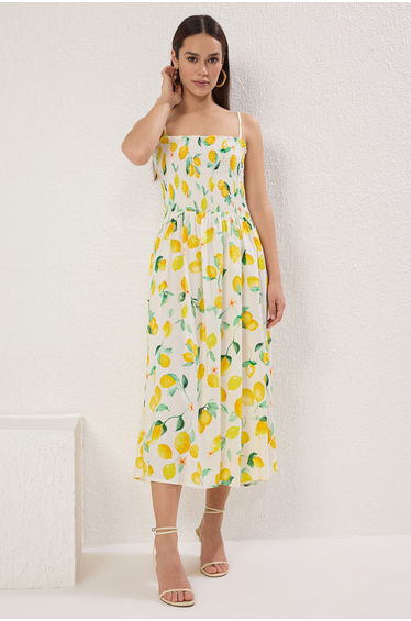 Yellow Tropical Skirt Waist Opening Gipel Midi Woven Dress
