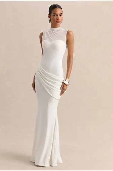Lyssy | White High-Neck Maxi Dress With Mesh-Detail