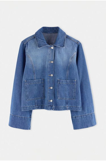 Blue Shirt Collar Wide Sleeve Regular Denim Jacket