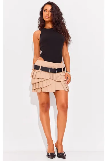 Petite Stone Pleated Asymmetric Belted Mini Skirt