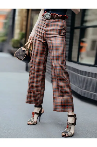Column Contrast Color Plaid Casual Pants Bottoms Trousers