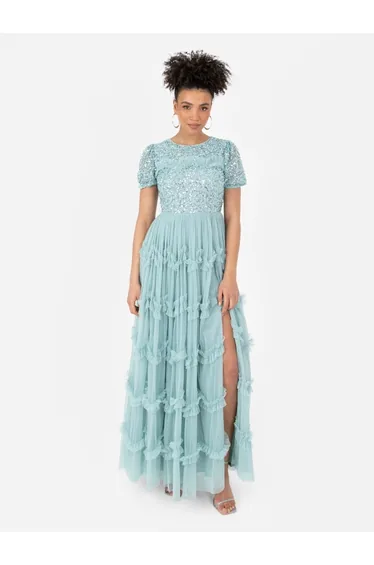 Maya Blue Embellished Ruffle Maxi Dress