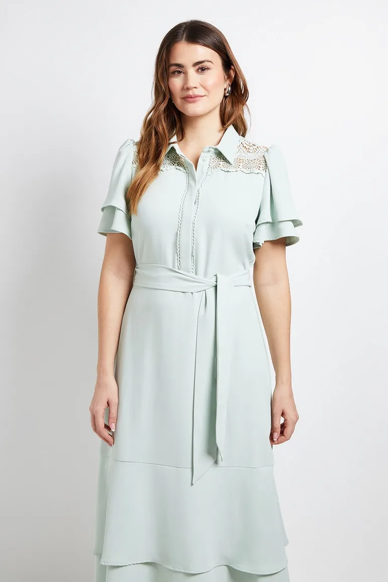 Lace Insert Ruffle Sleeve Midi Dress - 3