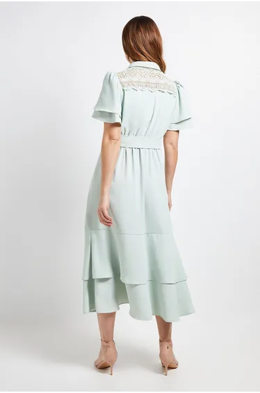 Lace Insert Ruffle Sleeve Midi Dress