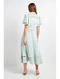 Lace Insert Ruffle Sleeve Midi Dress - 1