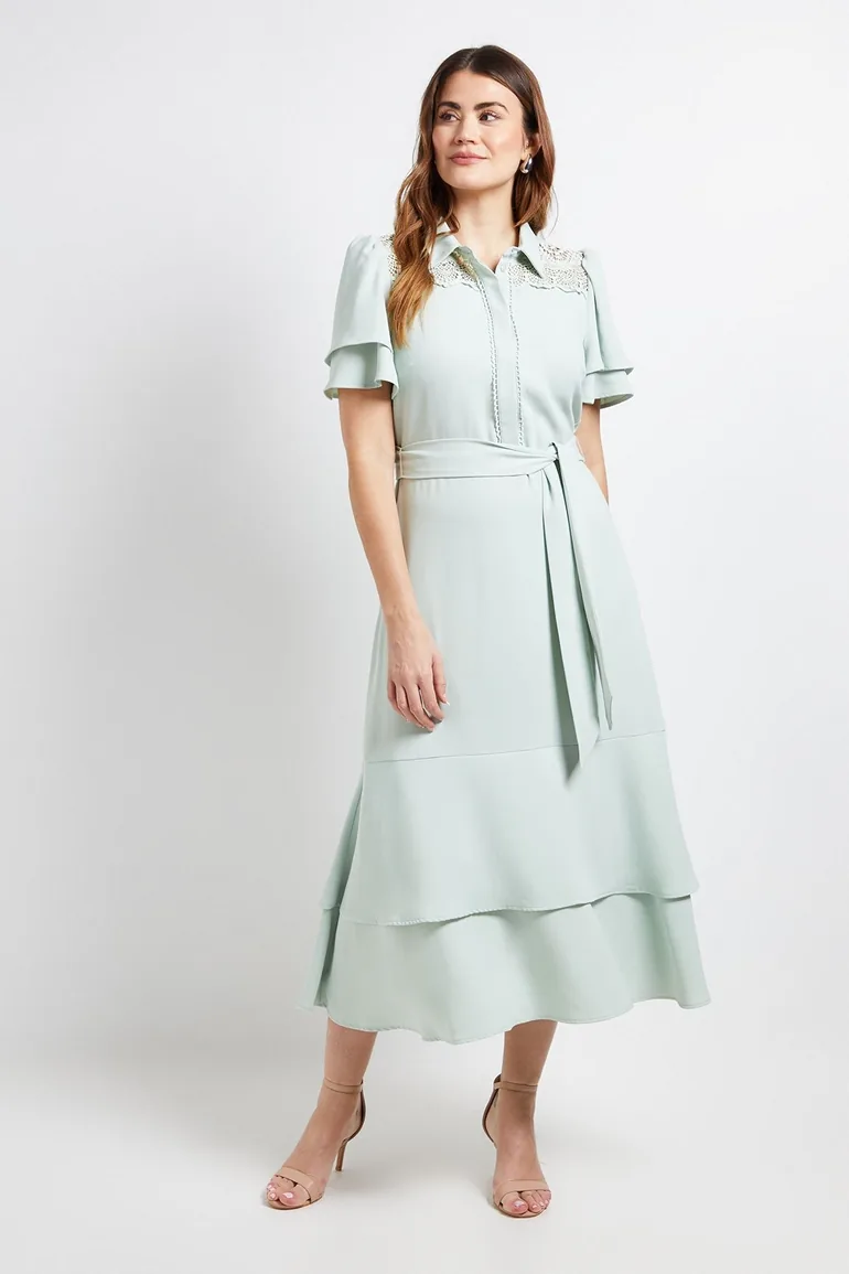 Lace Insert Ruffle Sleeve Midi Dress