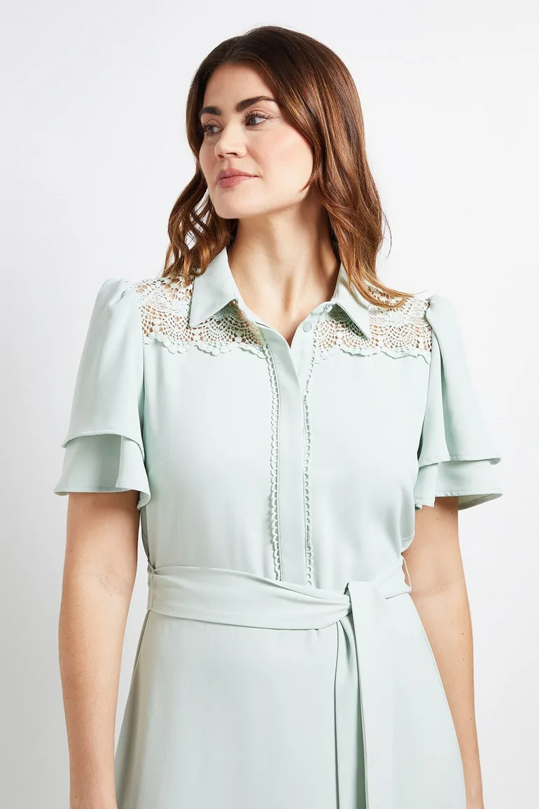 Lace Insert Ruffle Sleeve Midi Dress - 2