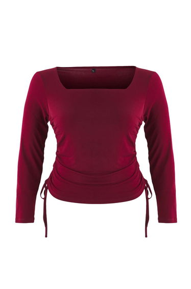 Tile Square Neck Side Gathered Knitted Plus Size Blouse