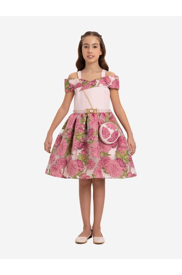 Dress & Fleur Girls Jacquard Dress with Bag in Pink