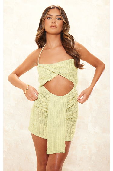 Sage Textured Twist Cut Out Drape Detail Bodycon Dress