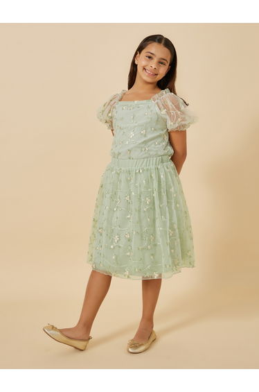 Embroidered Puff Sleeve Top and Skirt Set