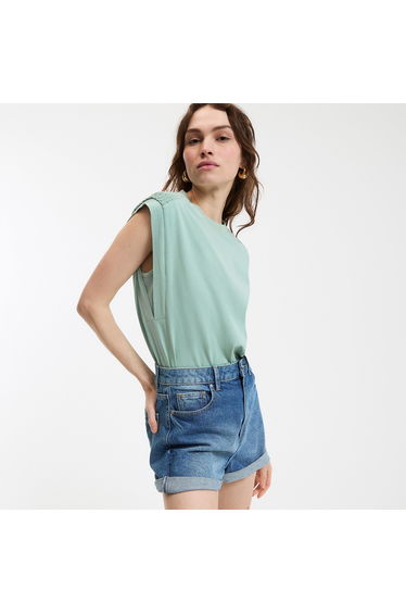 Sleeveless Round-Neck T-Shirt with Gathered Shoulders