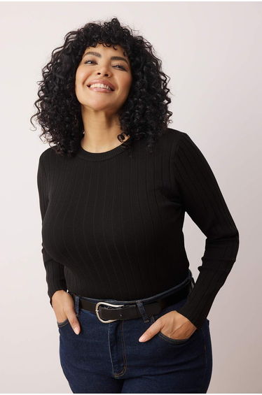 Black Ribbed Bodycon Knit Blouse