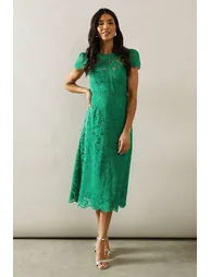 فستان ميدي دانتيل بحافة واسعة