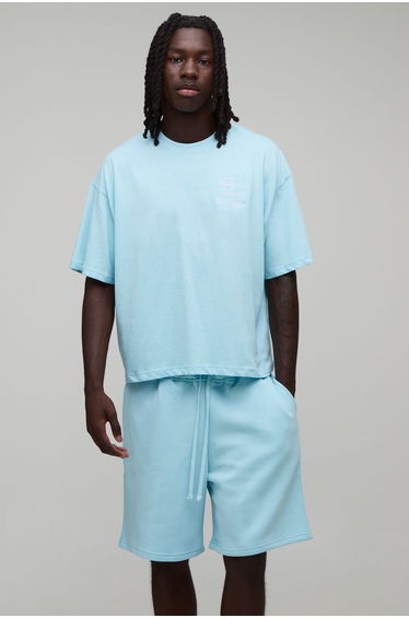 Oversized Boxy Embroidered Luxury Yachts T-Shirt & Baggy Short Set - blue