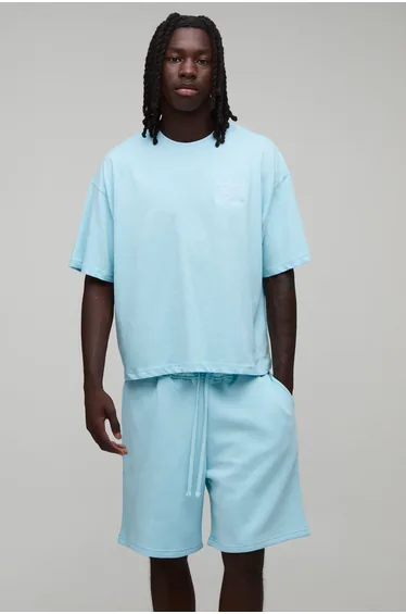 Oversized Boxy Embroidered Luxury Yachts T-Shirt & Baggy Short Set - blue