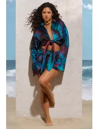 Marisela | Blue Print Satin Flared Sleeve Cropped  Shirt - 3