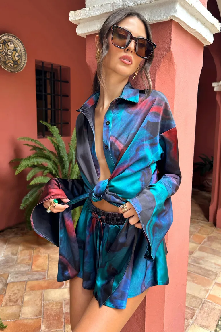 Marisela | Blue Print Satin Flared Sleeve Cropped  Shirt - 1