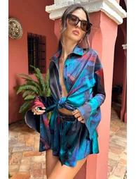 Marisela | Blue Print Satin Flared Sleeve Cropped  Shirt - 1