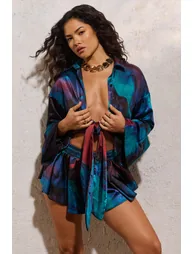 Marisela | Blue Print Satin Flared Sleeve Cropped  Shirt - 7