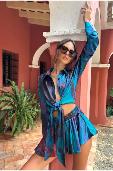 Marisela | Blue Print Satin Flared Sleeve Cropped  Shirt