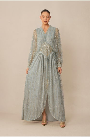 Moonlit Romance Blue Beaded Sheer Balloon Sleeve Maxi Dress