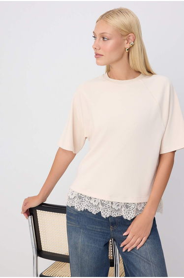Stone Plain Regular Crew Neck Raglan Sleeve Lace Detailed Interlock Knitted T-Shirt