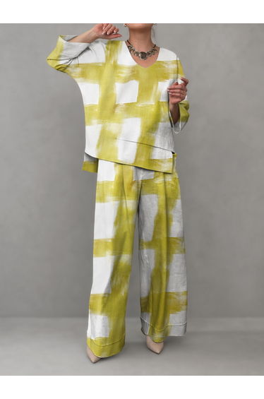 Contrast Color Printed V-Neck Long Sleeves Asymmetric Blouses&Shirts Tops + High Waisted Pockets Pants Trousers Two Pieces Set