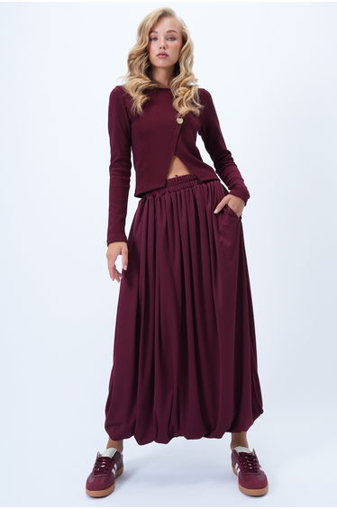 Women's Burgundy Double Pocket Lined Maxi Length Bubble Skirt
