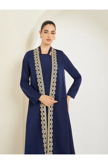 Women Navy Blue Embellished Abaya with Inner Dress