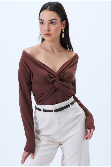Women's Brown V-Neck Twist Detailed Stretch Fabric Knitted Blouse