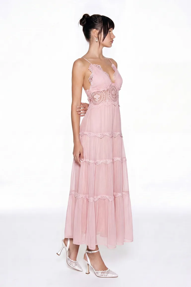Hanieh V Neck Lace Floral Maxi Dress In Pink - 2