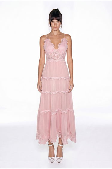 Hanieh V Neck Lace Floral Maxi Dress In Pink