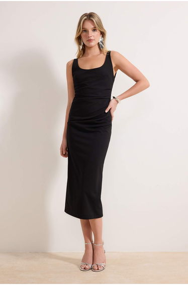 Black Bodycon Midi Woven Dress