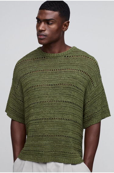 Oversized Boxy Crochet Look Tape Yarn Knitted T-Shirt