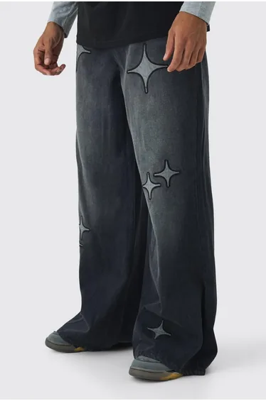 Extreme Baggy Star Applique Jeans - washed black