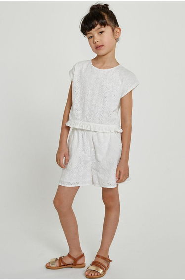Cotton Ruffle Detail Playsuit with Broderie Anglaise