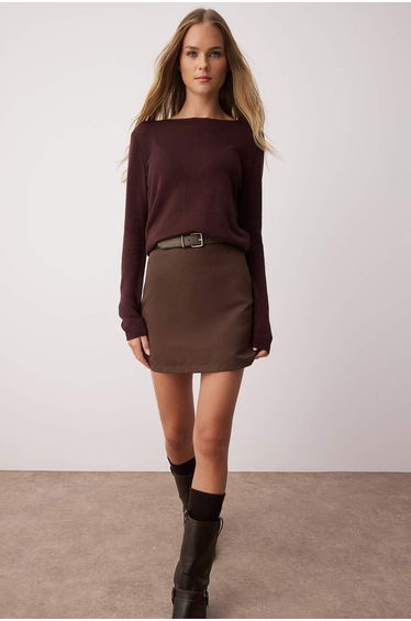 Dark Brown High Waist A-Line Mini Woven Skirt